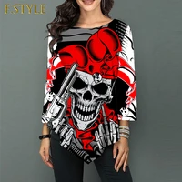 2021 autumn gothic punk skulls printed womens t shirt 34 sleeve round neck female clothing loose casual funny tops tees tunics