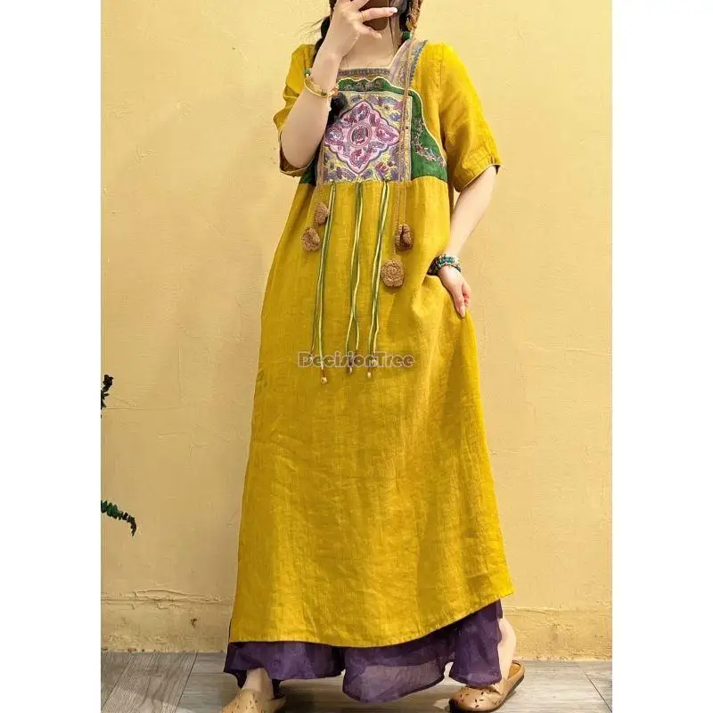 2023 Летнее льняное платье с вышивкой в китайском этническом стиле длинное