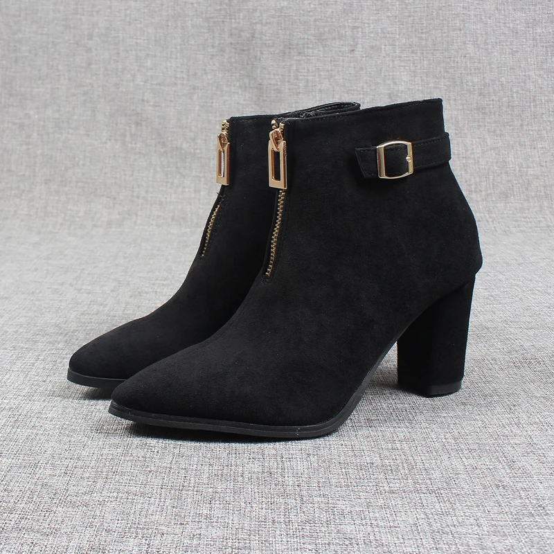 

Zipper Women Boots High Heels Shoes Winter Footwear Stiletto Rubber Ladies Pointy Ankle 2022 Autumn Solid Pointed Toe Flock Rome