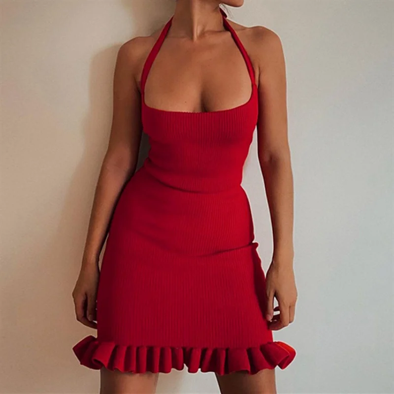 

insEuropean and American Halter Low-Cut Sexy Knitted Stringy Selvedge Dress Women's Autumn and Winter Temperament Slim Bottoming