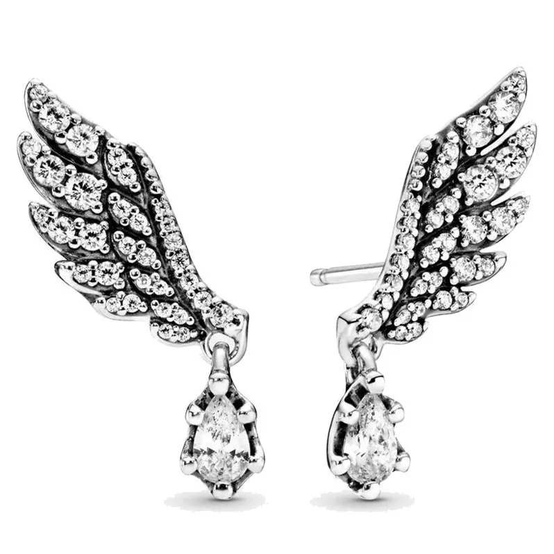 

Authentic 925 Sterling Silver Sparkling Angel Wings With Crystal Stud Earrings For Women Wedding Gift Fashion Jewelry