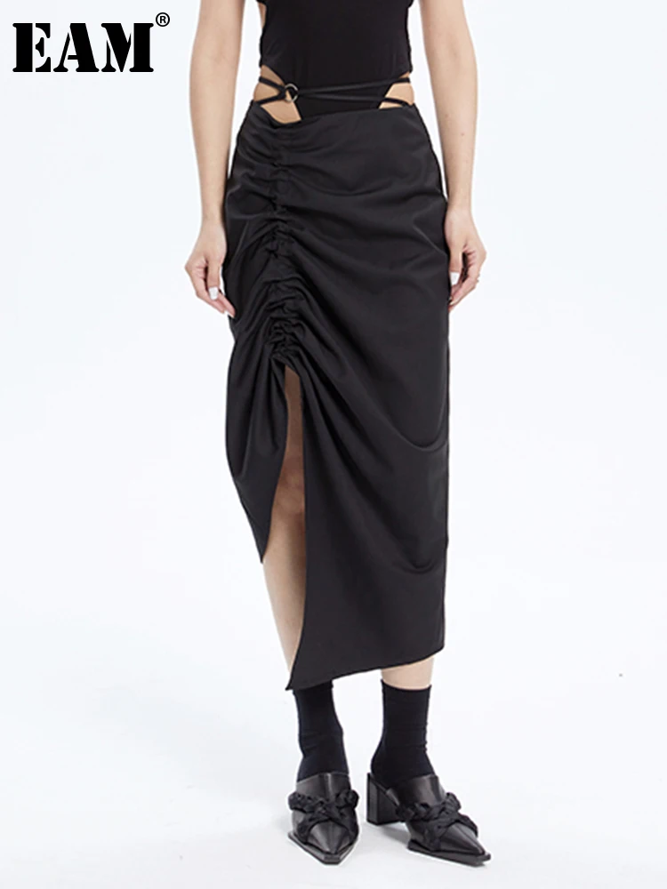 

[EAM] High Waist Black Pleated Irregular Slit Long Elegant Half-body Skirt Women Fashion Tide New Spring Autumn 2023 1DE9671