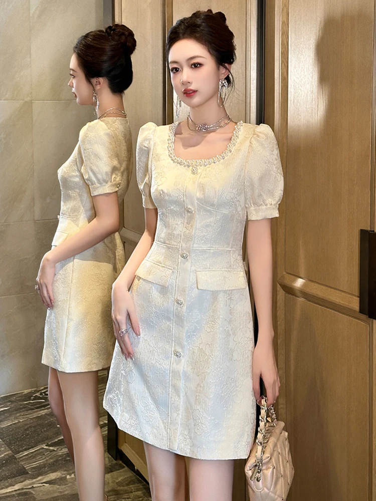 Короткое атласное жаккардовое платье во французском стиле женское элегантное