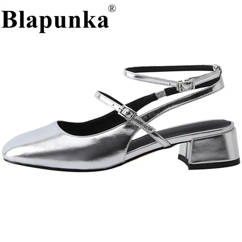 

Женские босоножки из лакированной овечьей кожи Blapunka, туфли-лодочки на блочном каблуке, модные серебристые сандалии с квадратным носком и двойной пряжкой, 33-41