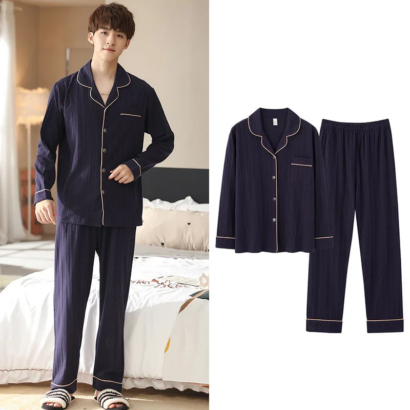 Men Pajama Spring Winter Sets Sleep Clothes Lounge Wear Long Sleeve Comfortable Quilted Turn-down Collar Homewear Pajamas