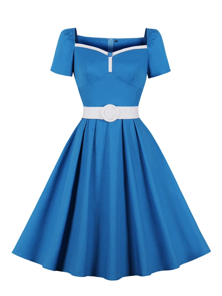 

2023 New Blue Cotton Vintage Dresses Harajuku Sweetheart Neck High Waist Women Elegant Outfits Short Sleeve Belted Pleated Dress