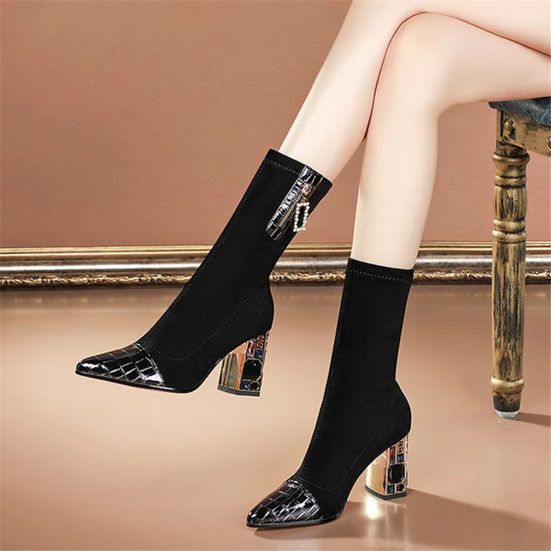 Short Sock Boots Woman Boot Spring Rhinestone Square Mid Heel Women's Winter Shoes Luxury Female Footwear