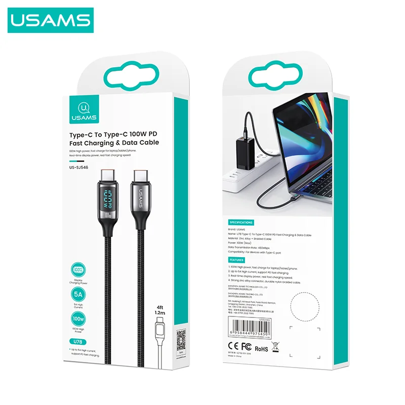 USAMS U78 100W LED Display C To Type C Phone Cable For Huawei Xiaomi Fast Charge Cables PD 20W C To Lightning Cable For iPhone