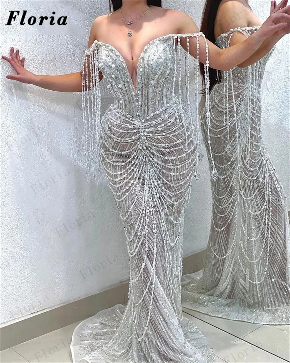 

Robes De Soiree Pearls Tassel Shoulder Evening Dresses Arabic Dubai Couture Long Mermaid Cocktail Party Dress Women Prom Gowns