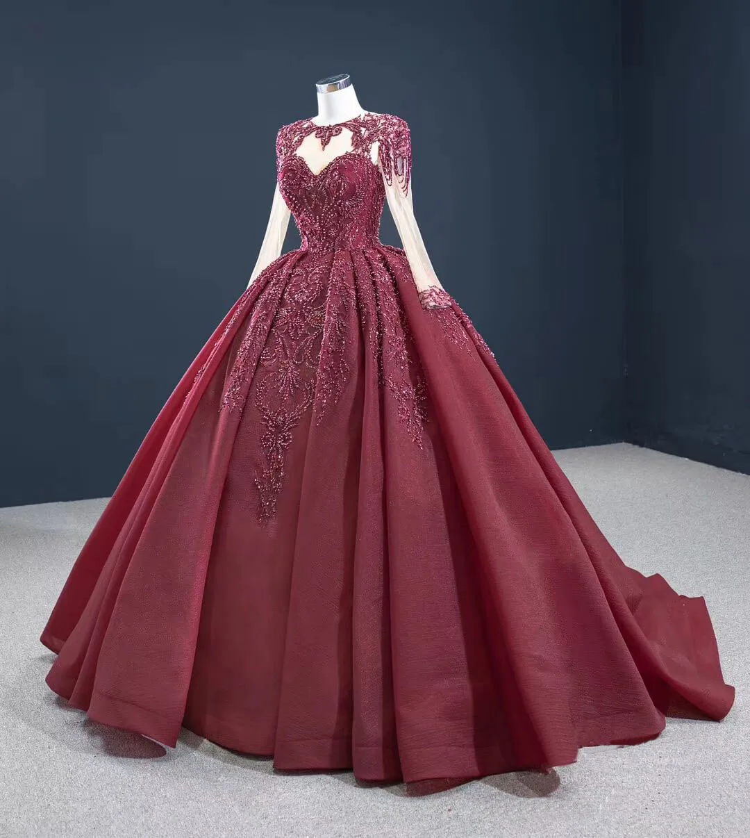 

Burgundy Satin Appliques Beaded Evening Dresses Long Sleeve O Neck Prom Dress Women Formal Party Ball Gown Robes De Soirée