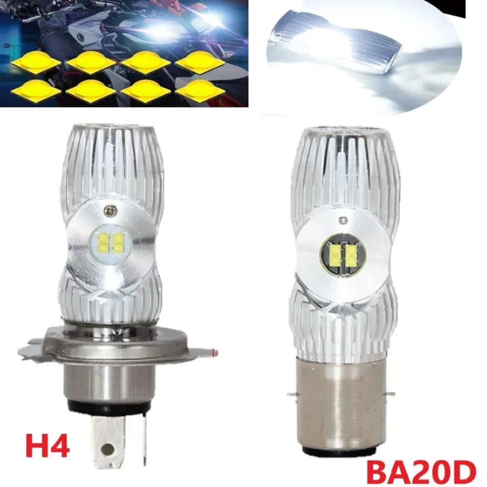 Фото Светодиодная лампа для мотоцикла H4 BA20D, 12-85В, 8xCSP LED чипов, белый свет, ближний/дальний свет, комплект для мотоциклов и автомобилей. №1