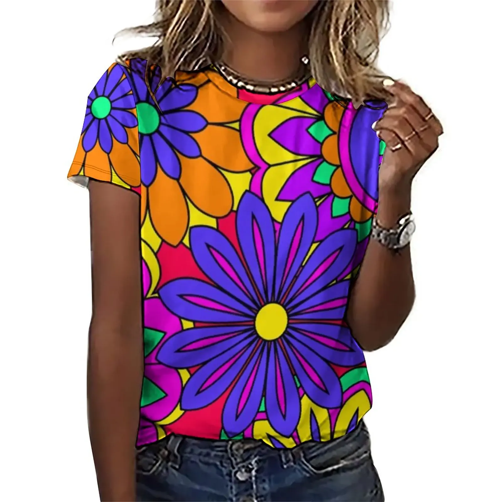 Psychedelic Print T Shirts Groovy Flower Power Casual Oversize T Shirt Short Sleeve Woman Hip Hop Tshirt Beach Custom Tees