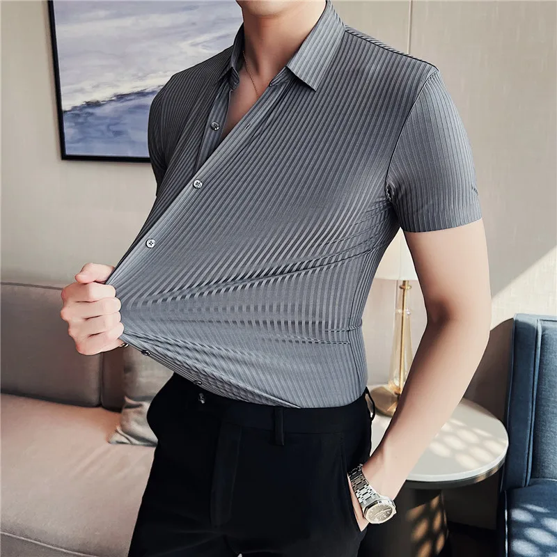 Elasticity Seamless Shirts for Men Summer Short Sleeve Striped Slim Casual Shirt Business Formal Dress Shirt Social Party Blouse