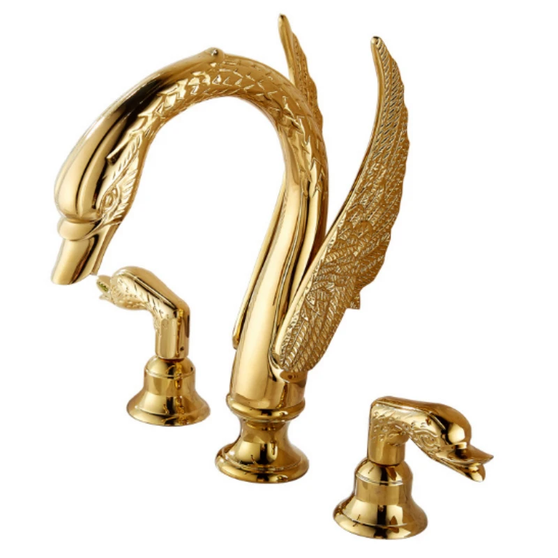 

3 Piece Gold Polished Swan Shape Sink Faucet 2 Handles Basin Mixer Tap Bathroom Shower Faucet Set
