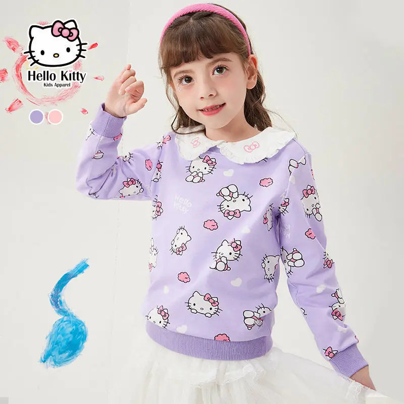 

Kawaii Sanrio Hellokitty Kids Sweater Cartoon Anime Round Neck Print Top Cotton Soft Spring Autumn Loose Tops Girl Birthday Gift