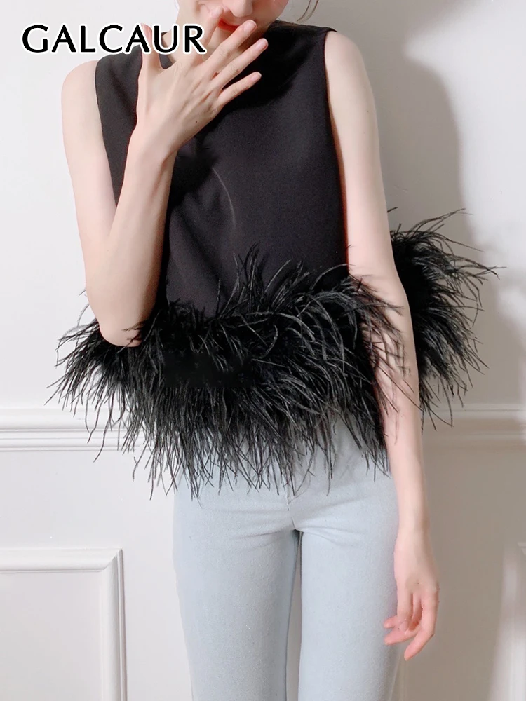 

GALCAUR Black Tank Tops For Women Round Neck Sleeveless Patchwork Feathers Vests Female Fashion Clothing Style New 2022 Summer