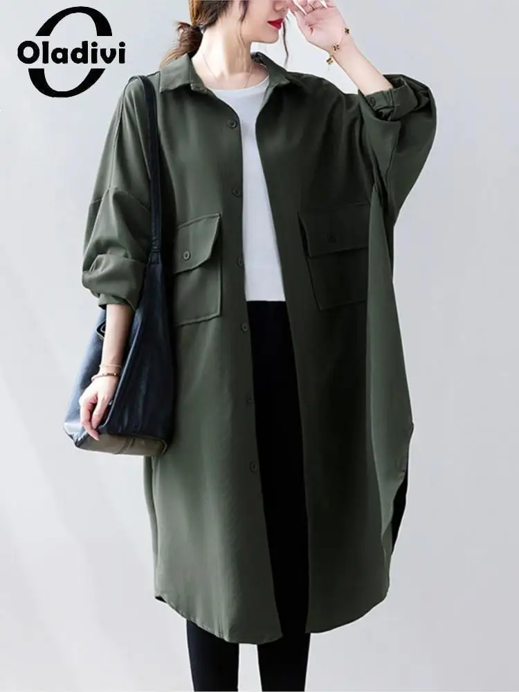 

Oladivi Large Size Women's Trench Coat 2022 Spring Autumn New Casual Loose Overcoats Vintage Ladies Oversized Shirt Jackets 5399