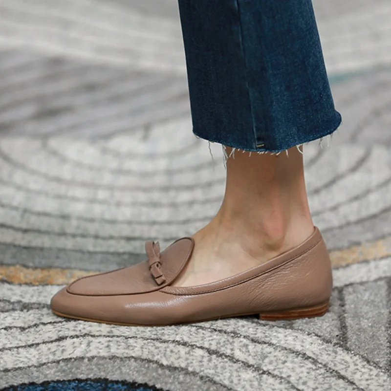 Soft Genuine Leather Round Toe Flats Basic Style Women Loafers Simple Flat Shoes Daily  Mules Spring Autumn Women Bowtie Flats