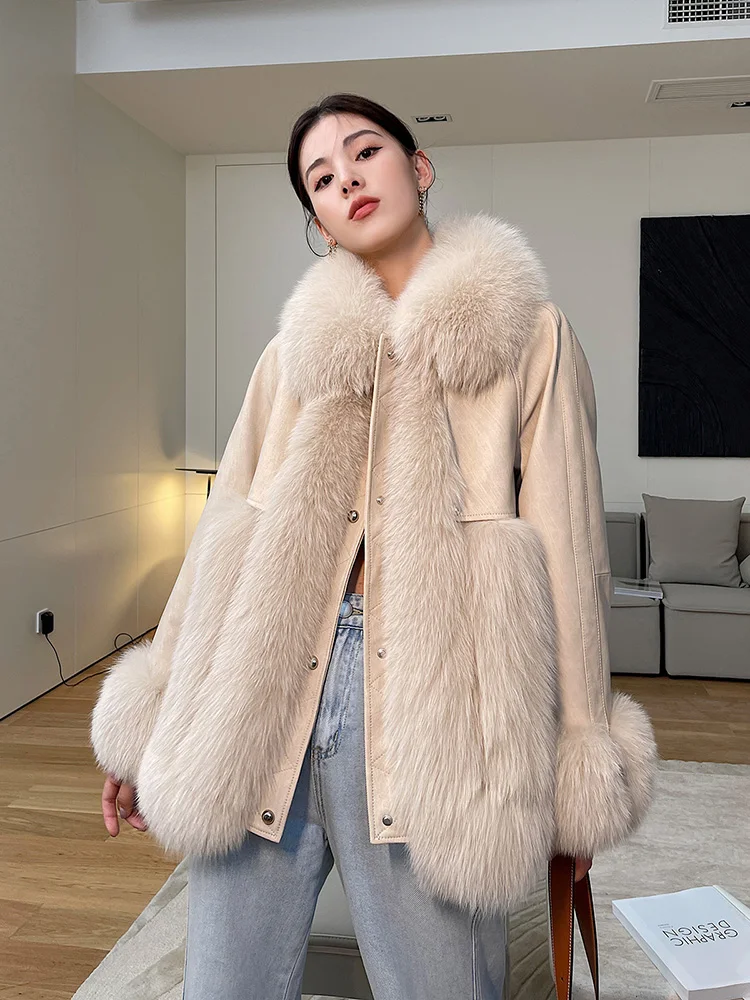 Women Real Fur Coat Autumn Winter Casual Thicken Fox Fur Collar Patchwork Sheepskin Down Cotton Liner Fur Jacket Loose Outerwear