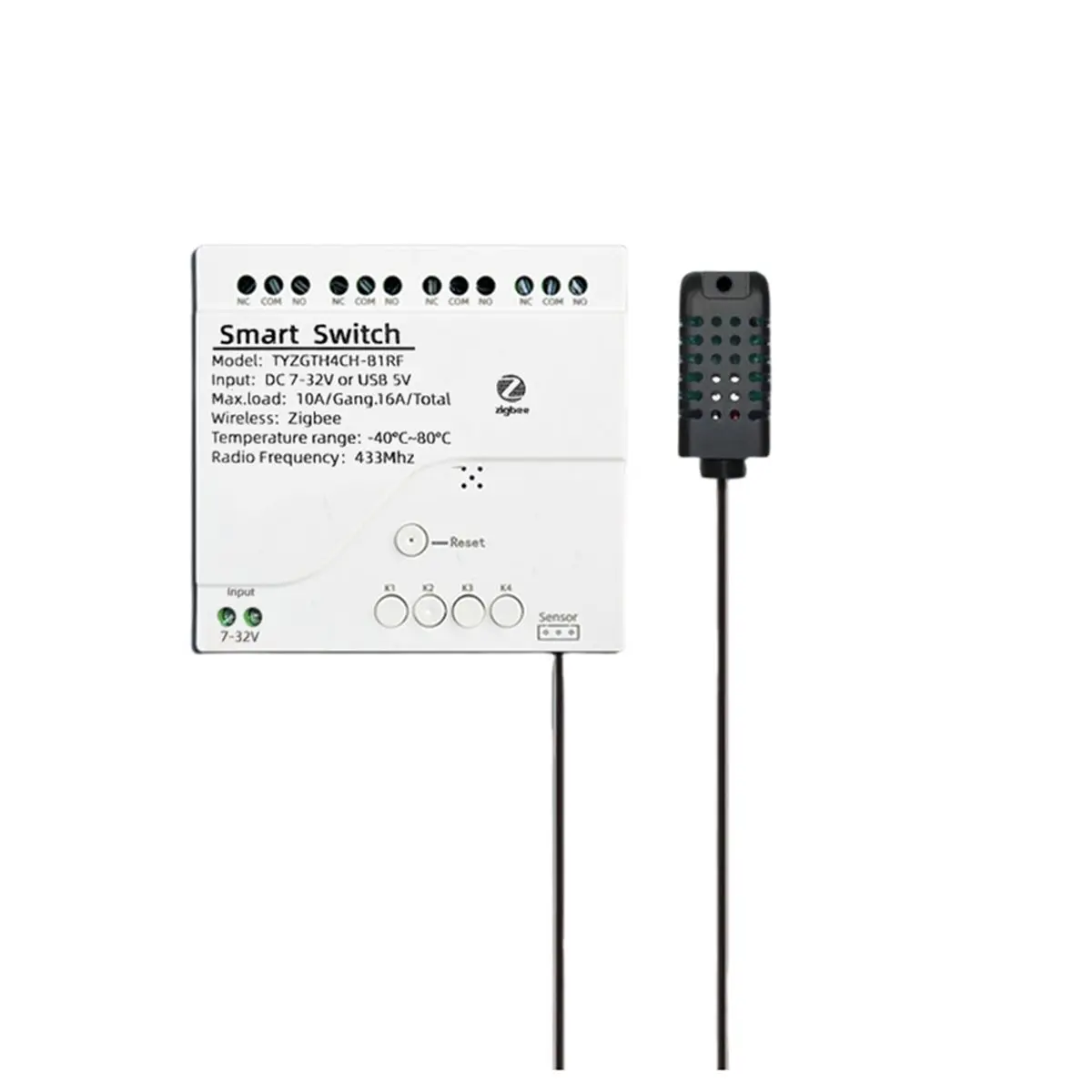 Фото A80I Tuya Zigbee DC 7-32В 4-канальный умный выключатель с датчиком температуры и влажности, пассивный сухой контактный модуль, вилка стандарта ЕС №3