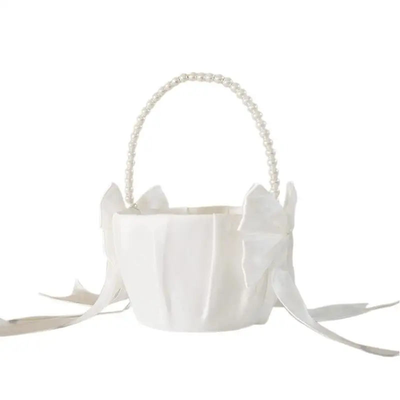 

Flower Basket For Flower Girl Satin Flower Girl Baskets For Weddings Flower Basket With Cute Pearl Handle Bowknot Wedding