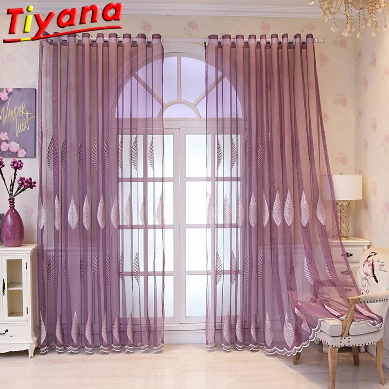 

Purple/Pink Embroidery Leaves Tulle Curtains for Living Room Leaf Sheer Yarn Window Drapes for Kitchen Balcony HM1032 *VT
