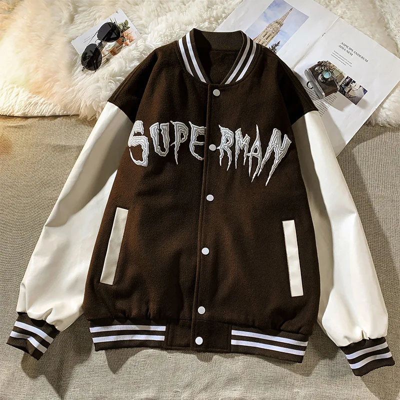 Бейсбольная кожаная куртка с буквенной вышивкой Мужская Весенняя корейская