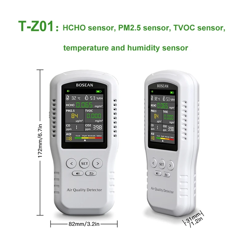 

Монитор качества воздуха Bosean CO2 CO PM2.5 HCHO TVOC, измеритель температуры и влажности воздуха, домашний детектор качества воздуха, реальный датчик, голосовая сигнализация