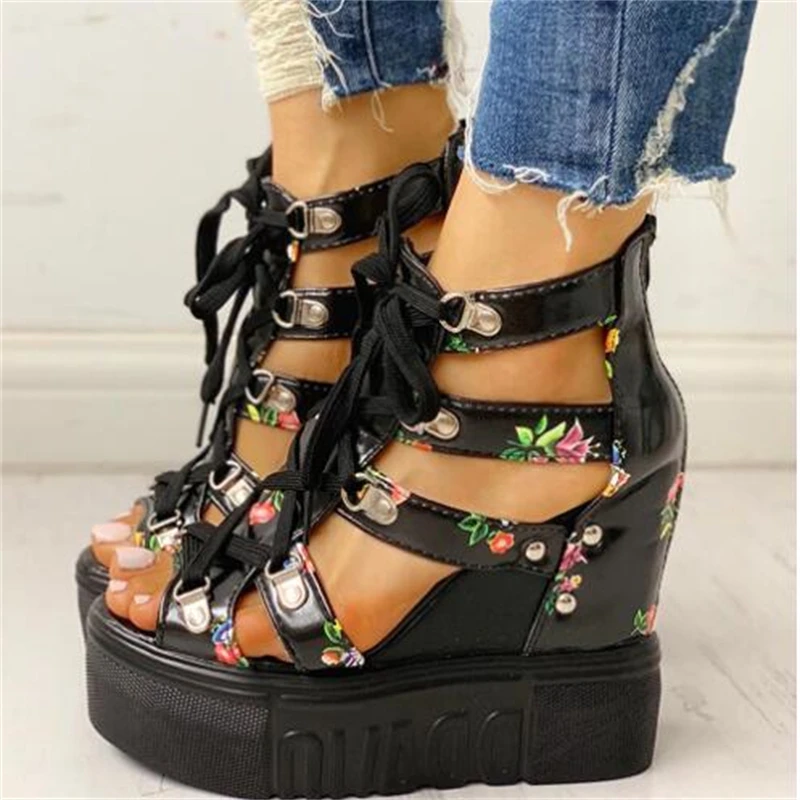 

Hot Print Leisure Wedges women's Shoes 2019 Summer Shoes women Sandals Platform Shoelaces High Heels Casual Shoes Woman