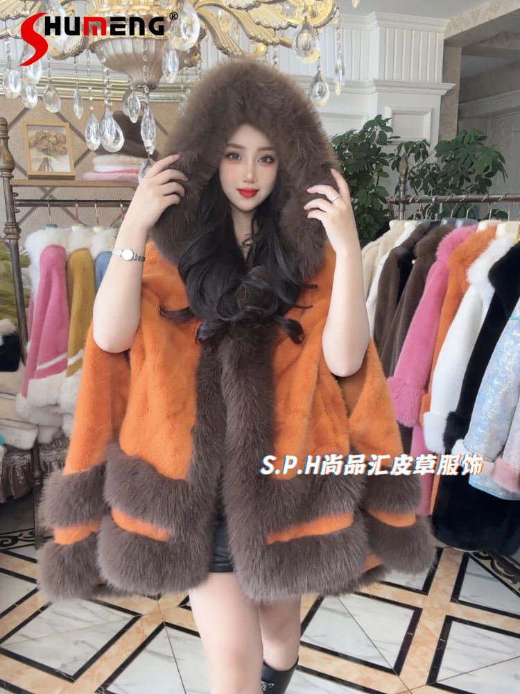 

Fashionable Big Fur Collar Mid-Length Mink Fur Coat Women 2023 Winter New Fur Shawl Hooded Fur Coat Female Faux Fur Coat