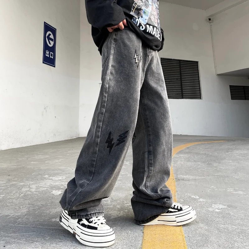 American Vibe Wind Lightning Pattern Leather Jeans Men's Trend Hip-hop Retro Slacks Fashion Street Men Ins Selling Y2k Men Jeans