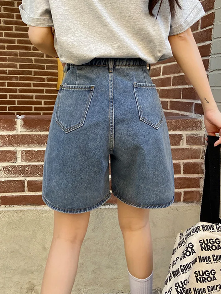 New Spring Summer Women High Waist Button Blue Denim Shorts Streetwear Female Wide Leg Retro Jeans Shorts Bottoms