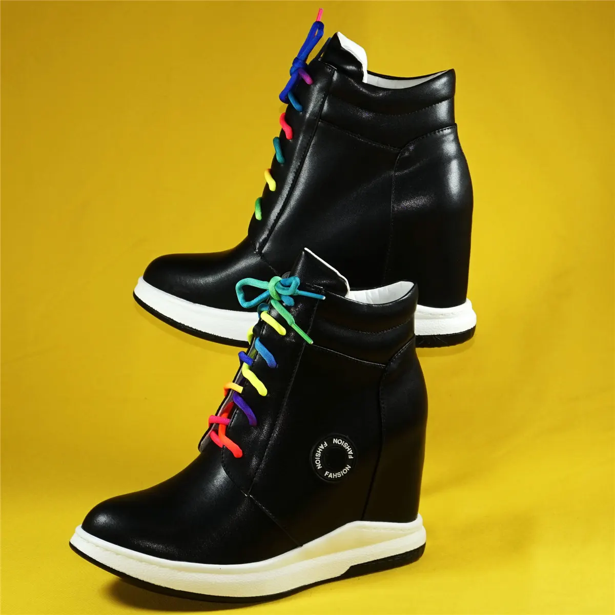 High Top Fashion Sneakers Women Lace Up Cow Leather Super High Heels Ankle Boots Female Round Toe Platform Pumps Casual Shoes