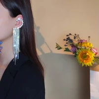 new long tassel rhinestone drop earrings for women geometric zircon crystal ear clip earrings weddings jewelry gifts