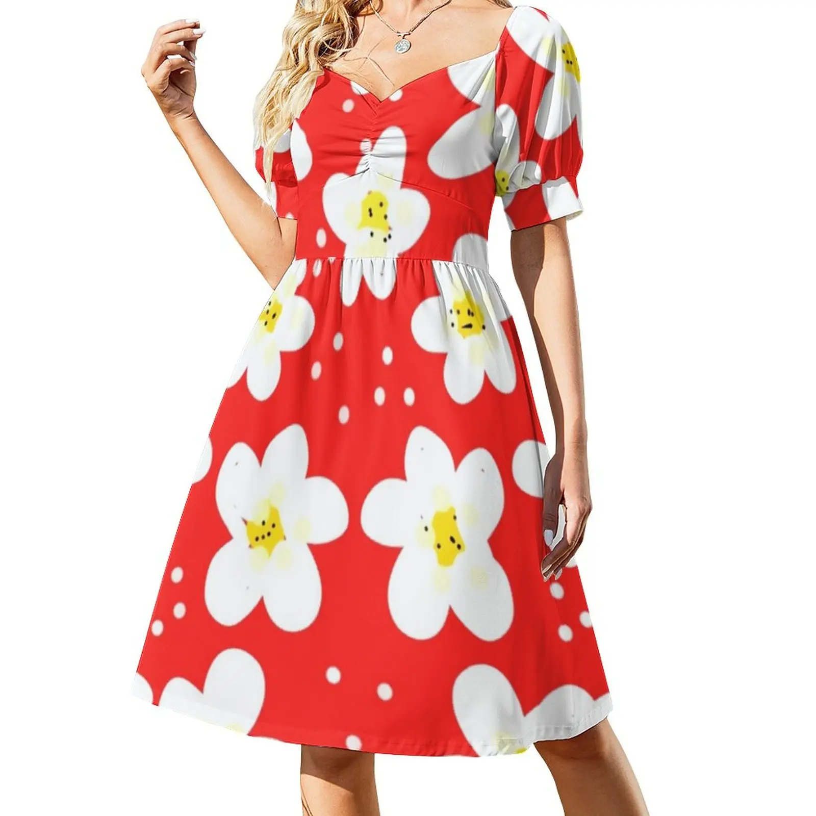 

Bright Flowers Dress White Daisies Print Kawaii Dresses Summer Street Style Casual Dress Pattern Clothes Big Size