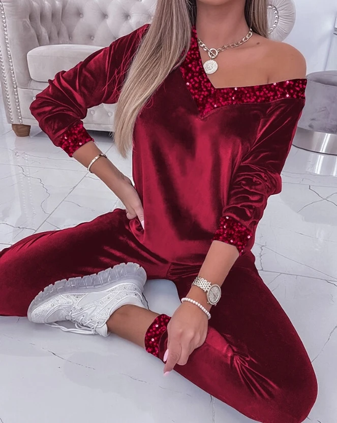 

Two Piece Set Women Outfit Autumn Fashion Contrast Sequin Velvet V-Neck Long Sleeve Top & Casual Plain Daily Long Pants Set
