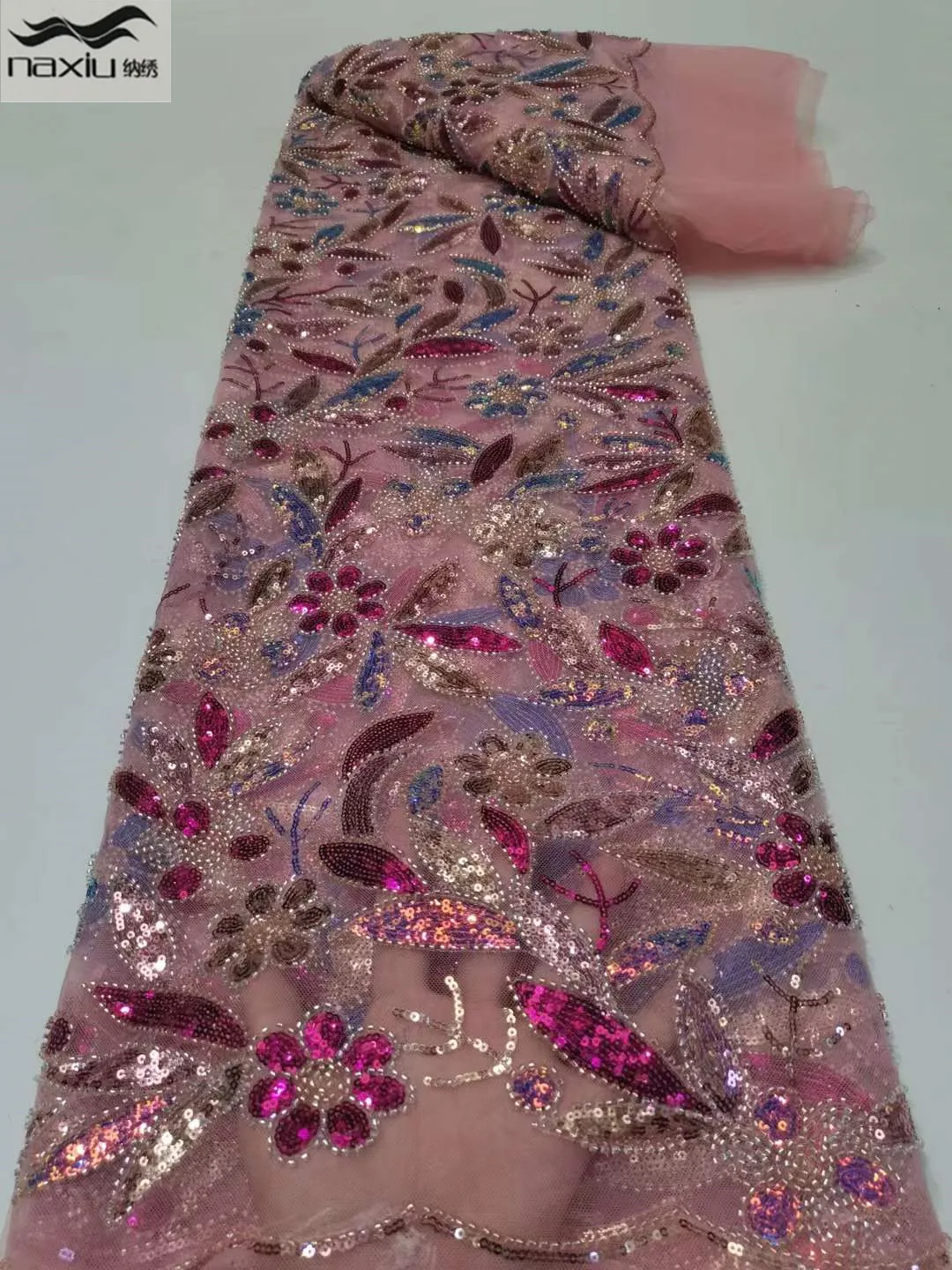 

Madison 2022 New Design African Groom Lace Fabric Pink Beaded Bridal Lace Fabric Embroidery French Net Sequined Lace Fabric