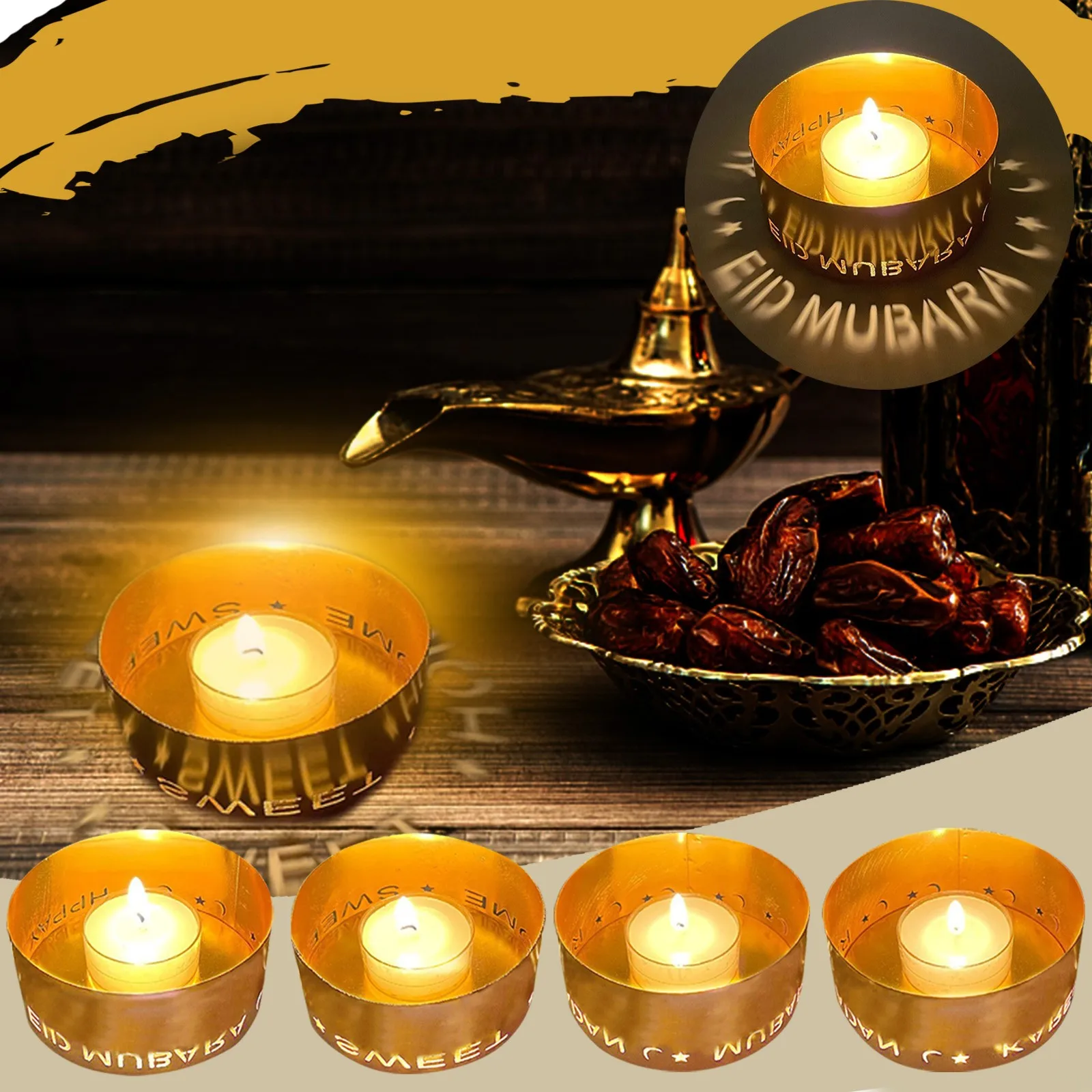 2022 New Wrought Iron Projection Candle Holder Home Letter Candle Holder EID MUBARAK Ramadan Home Table Decoration Crafts