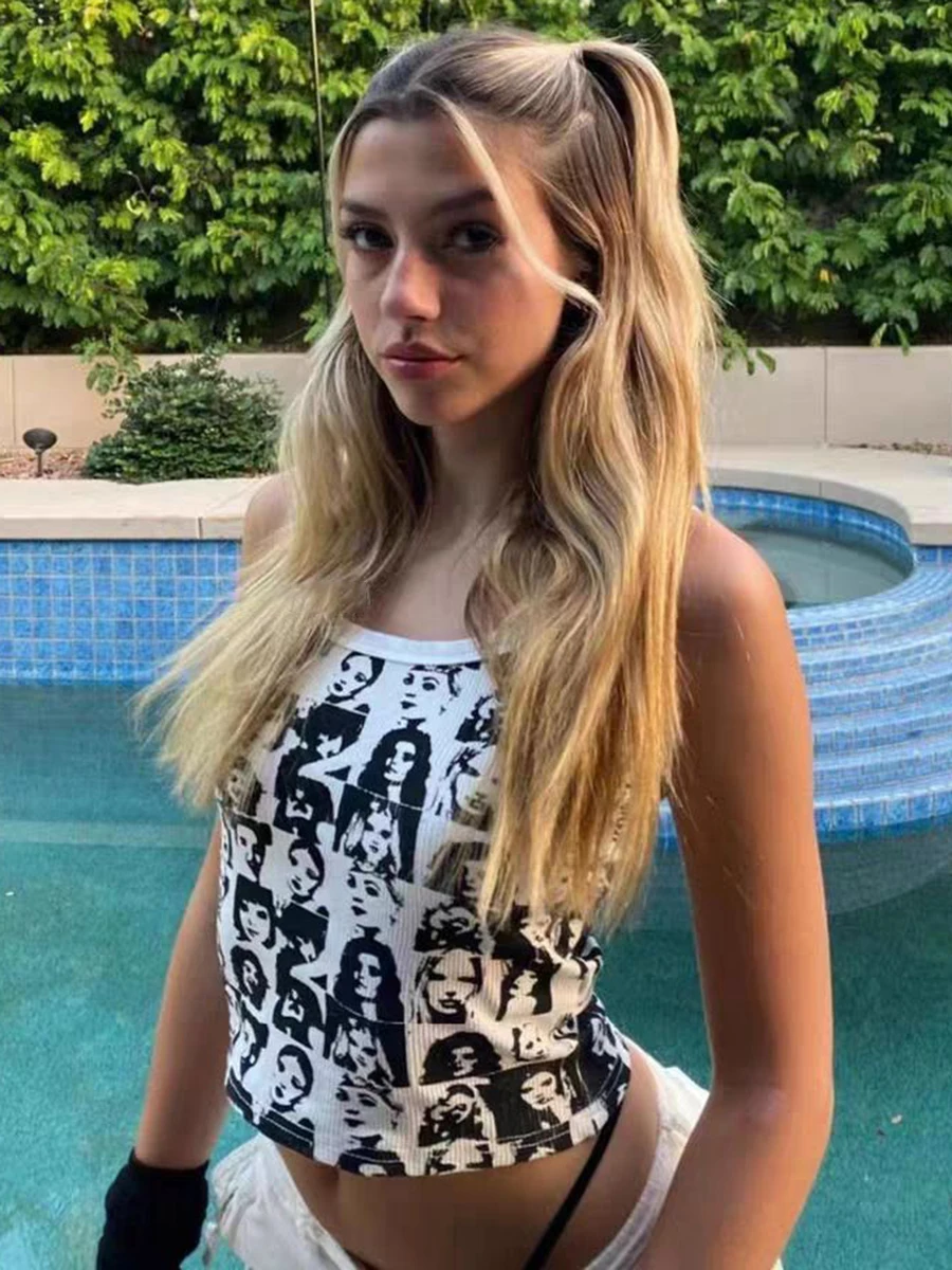 

Майка женская в рубчик с забавным принтом, пикантный облегающий Топ без бретелек и рукавов, уличная мода, хлопковый кроп-топ, лето 2023