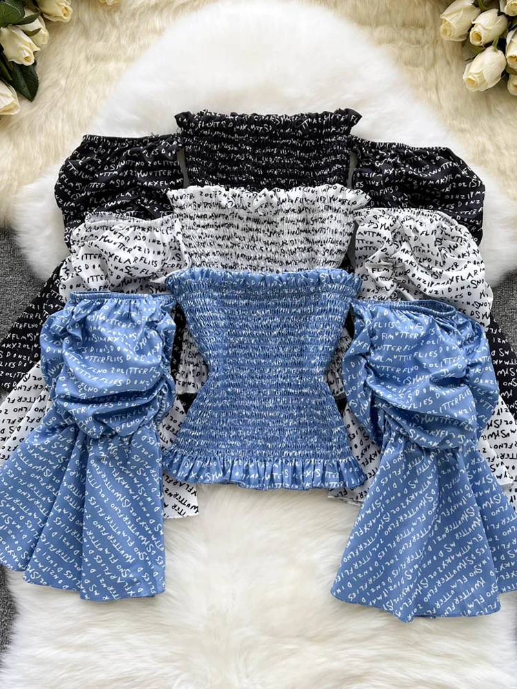 

YuooMuoo Модные женские блузки с буквенным принтом элегантные с открытыми плечами расклешенные рукава уличная одежда для отпуска летние пляжн...