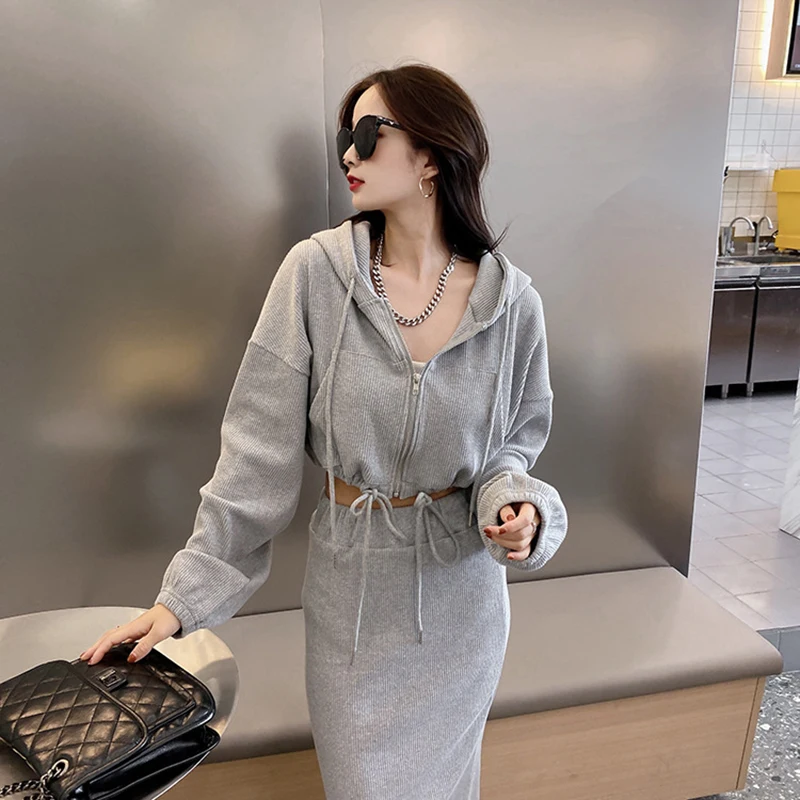 

Leisure Hat Solid Color Zipper Suit Short Coat Drawstring Long Straight Overskirt High Waist Buttocks Two piece set For Women