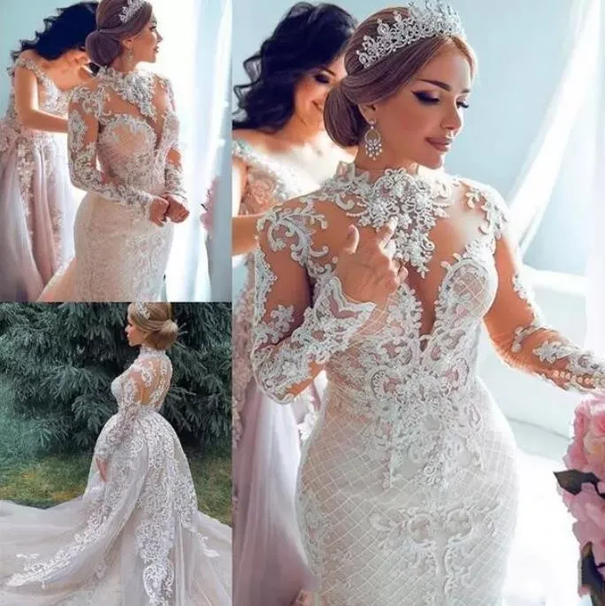 

Arabic Dubai Lace Mermaid Wedding Dresses With Detachable Train High Neck Appliuqe Long Sleeves Plus Size Wedding Bridal Gowns