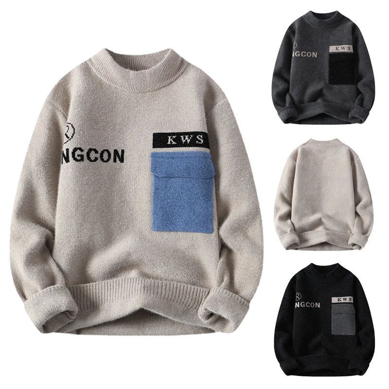 

Winter Men's Half Turtleneck Pullover Knit Sweater Comfortable Trend Teen Casual Fake Pocket Decorative Long Sleeve Thermal Top
