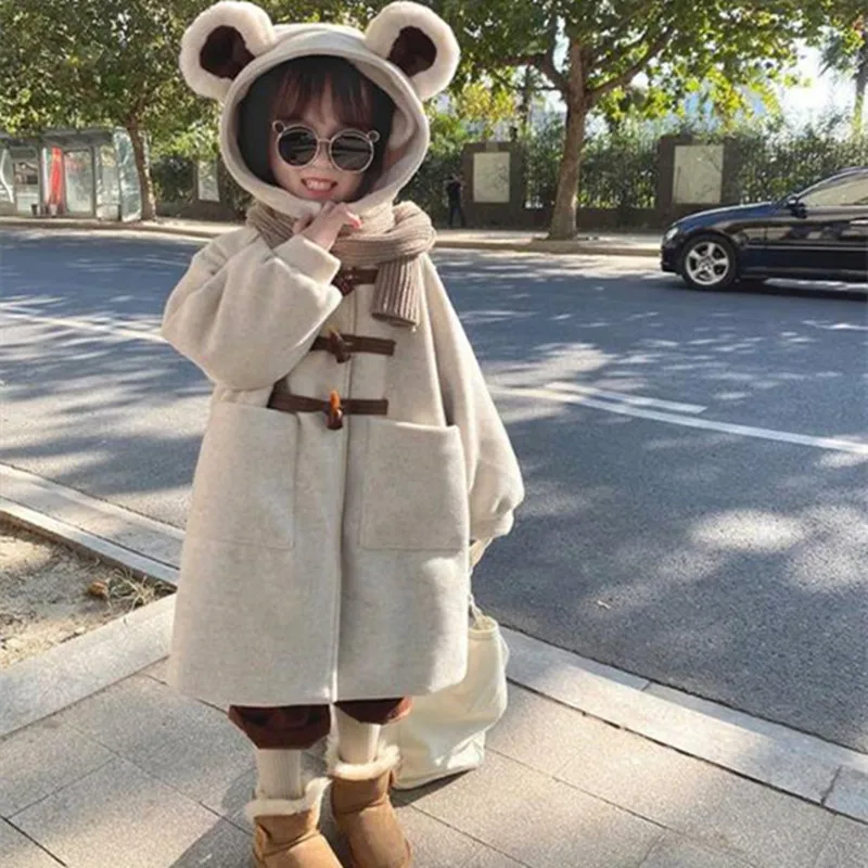 

Girls Wool Coat Jacket Outerwear 2022 Beige Warm Thicken Plus Velvet Winter Autumn Cotton School Teenagers Children's Clothing