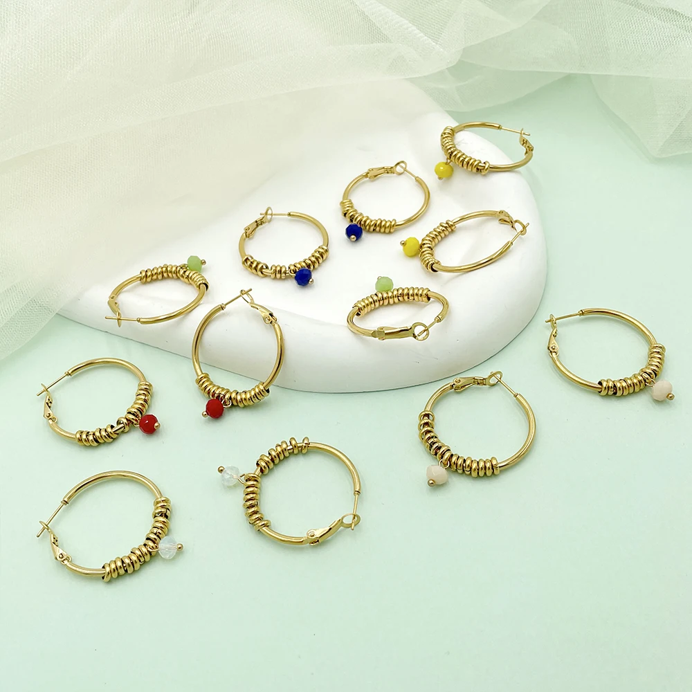 

Exquisite Golden Stainless Steel Earrings Colorful Crystal Pendant Hoop Earrings Round Beads Handmade Jewelry Ornaments