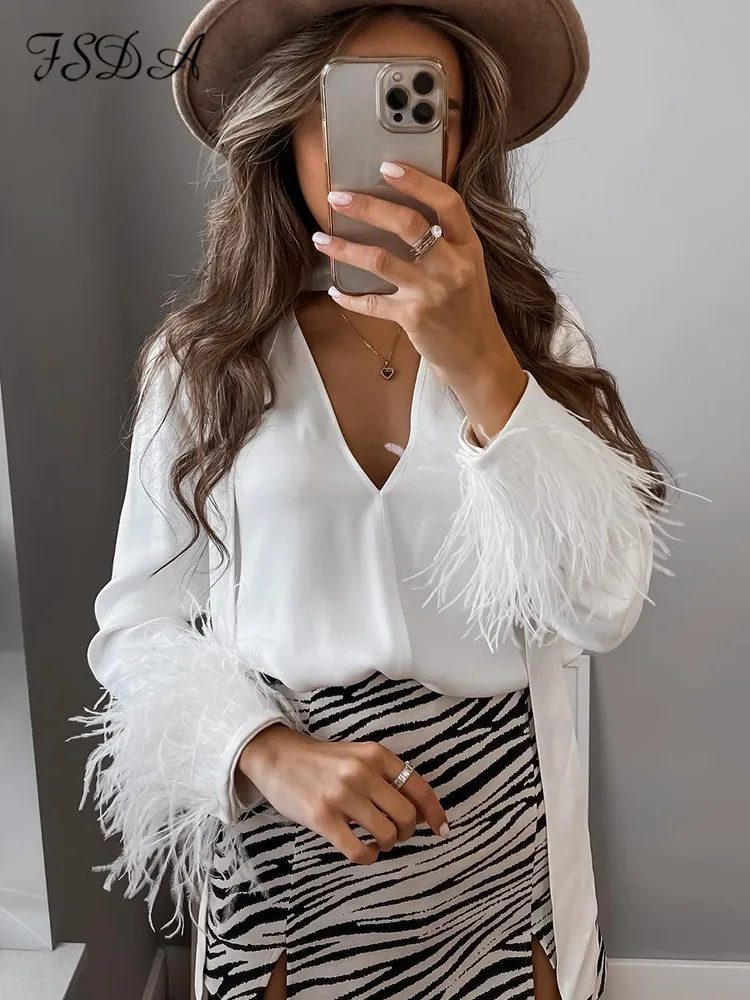 

Блузка женская с V-образным вырезом, перьями и длинным рукавом