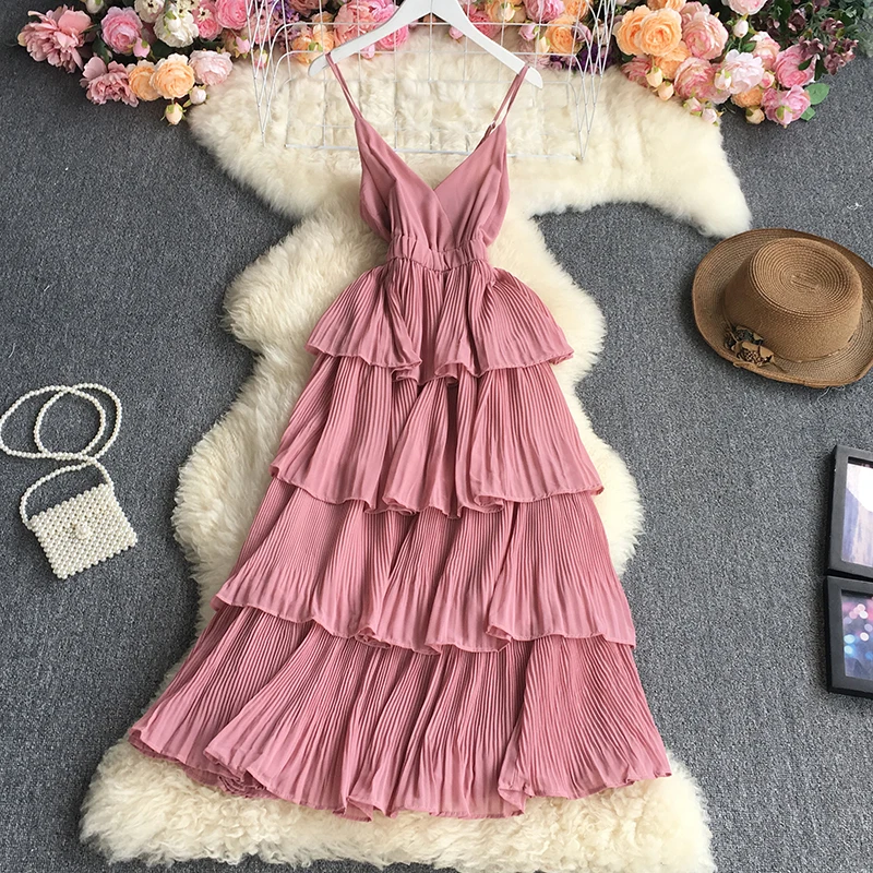 

Strap Pleated Dress Women Summer New Loose V-neck Long Skirt