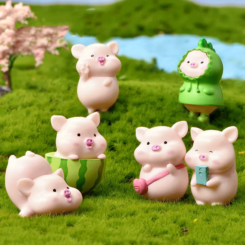 

7PCS Micro Pig Family Figurine Resin Ornaments Miniature Model Mini Animal Statue Bonsai Decoration Garden Home Decor