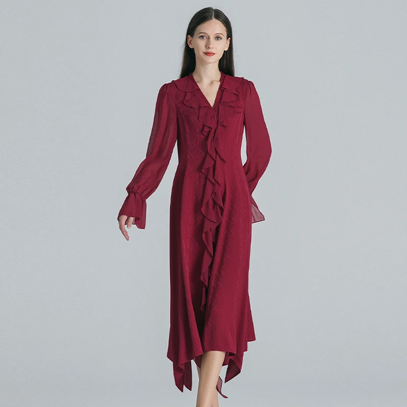

Jujube Red 22 Momme Jacquard Silk Elegant Ruffles Dresses Women Georgette Flare Long Sleeves Irregular Hem Midi Dress AE1757