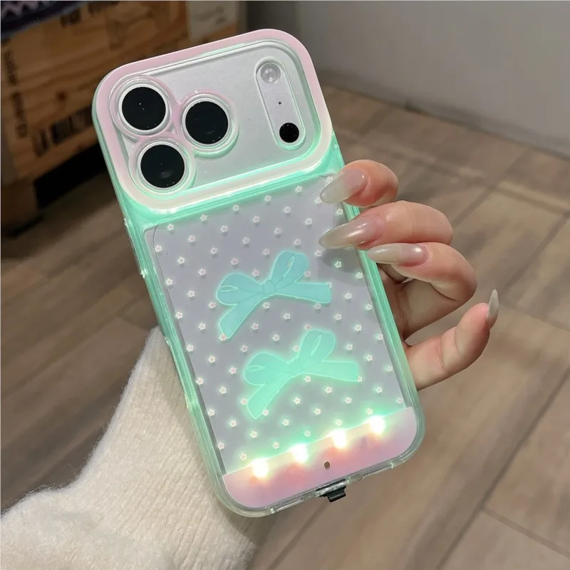 Фото Чехол для iPhone 11 12 13 14 15 16 17 Pro Max Plus Air XS Max с меняющим цвет светящимся бантом-звездой и подсветкой при звонке №5